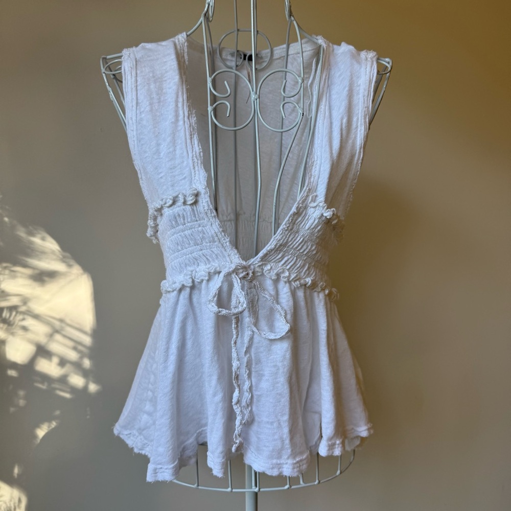 Free People White Linen Blend Boho Tie Front Peplum Top Size Medium M - Picture 1 of 7